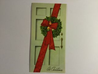 Vintage Christmas Card,  Green Door,  Red Ribbon And Bow,  Wreath,  Ornaments