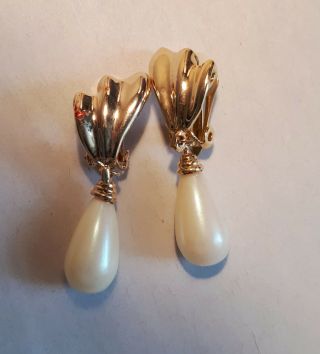 Pair Vintage 1980s Clip - On Drop Earrings In Goldtone & Faux Pearl.  Sloane Ranger