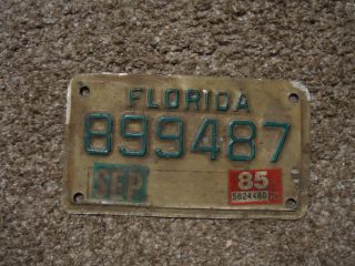 Florida Vintage Motorcycle License Plate 1985 Green Number Cafe 899487 Dmv Clear