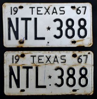 Vtg 1967 67 Ntl 388 Texas Car Auto License Plate Pair Matched Set Unrestored