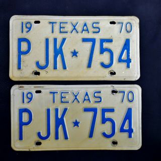 Vtg 1970 70 Pjk 754 Texas Car Auto License Plate Pair Matched Set Unrestored