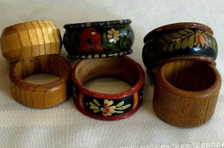 Wooden Hand Fancy Napkin Rings Carved Hand Painted Floral Wood - 6 - Vtg Boho