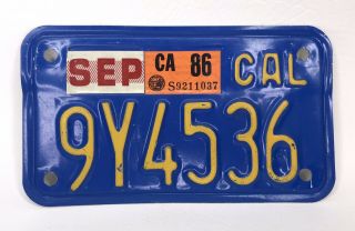 Motorcycle License Plate California 1986 Metal Tag 9y4536 Vtg 86 Yellow On Blue