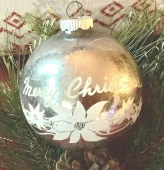 Vtg Shiny Brite Glass Xmas Ornament:silver Merry Christmas Poinsettia Stencil