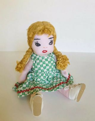 Vintage Handmade Soft Sculpture 10” Doll Blonde Braids Jointed Arms/legs
