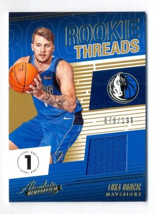 Luka Doncic 2018 - 19 Panini Absolute Rookie Threads Jersey Rc 78/199 Mavs