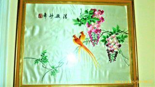 Vintage Chinese Framed Silk Embroidery,  Birds & Flowers 14.  6w X 11.  6h