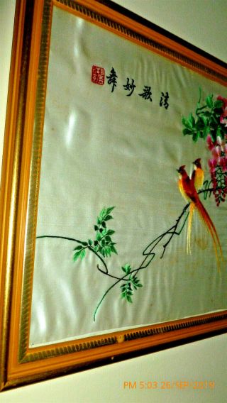 Vintage Chinese Framed Silk Embroidery,  Birds & Flowers 14.  6w x 11.  6h 2