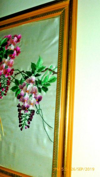 Vintage Chinese Framed Silk Embroidery,  Birds & Flowers 14.  6w x 11.  6h 3