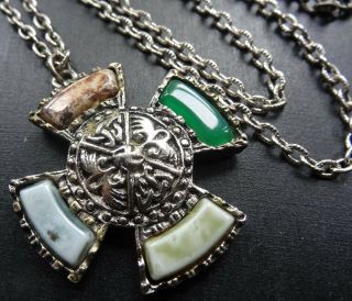 Vintage Celtic Cross Glass Agate Silver Tone Pendant Long Chain Necklace - C876