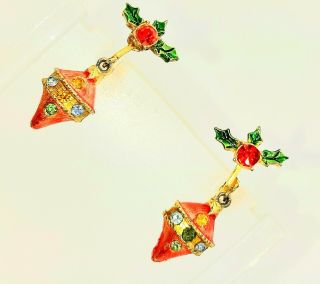 Vintage Mid Century Rhinestone Dangle Christmas Ornament Clip Earrings