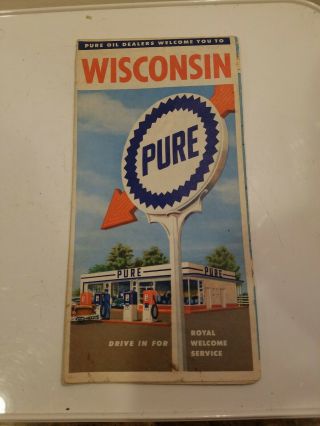 Vintage Pure Wisconsin State Travel Oil Gas Station Road Map 1950 Census Royal