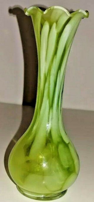 Vintage Hand Blown Glass Vase Green And White 6 1/2 " Art Wavy Rim Unmarked