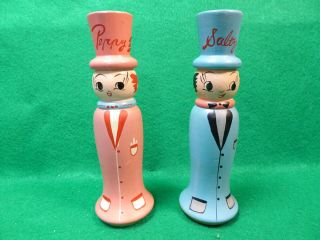 Vintage Wooden Salty And Peppy Salt And Pepper Shakers Japan 6 " Tall