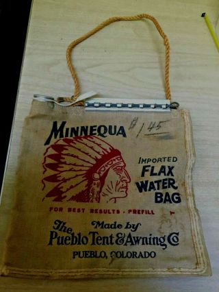 Vtg Minnequa Imported Flax Water Bag The Pueblo Tent & Awning Co Indian Chief