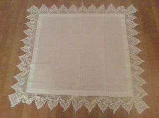 Vintage White Linen And Lace Tablecloth 44” X 45”