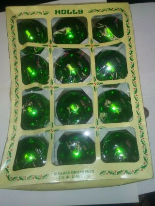 Vintage Christmas Tree Glass Ornament Holly Usa Green Set Of 10 Ball 2 3/8 "