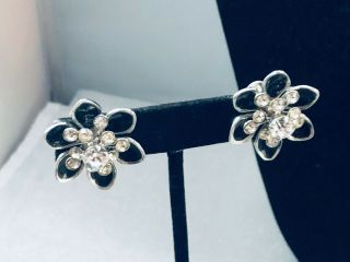 Vtg.  Coro Black Enamel & Clear Rhinestone Flowers Clip On Earrings