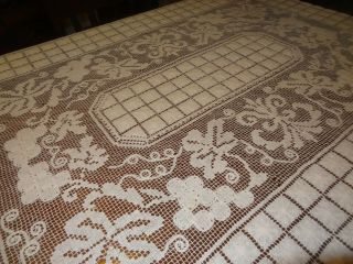 Vintage Antique Darn Filet Net Lace Tablecloth