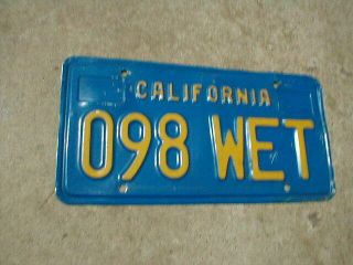 Vintage California Blue Yellow License Plate 098 Wet