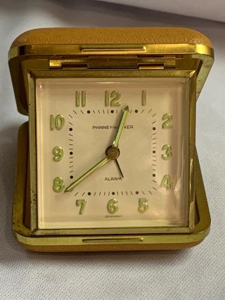 Vintage Phinney - Walker Travel Alarm Clock Fold Up Tan Leather Case 3.  5 " Square