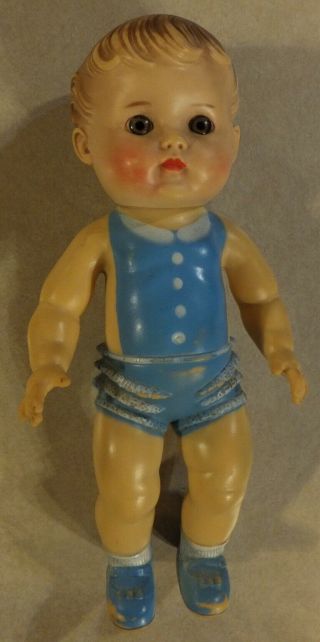 1956 Sun Rubber Co.  Doll With Molded Hair In Blue Romper Vintage Rubber Toy