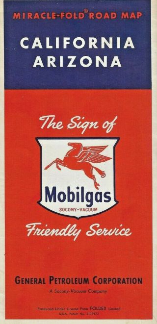Vintage Mobilgas Mobil Oil Gas California - Arizona State Highway Road Map