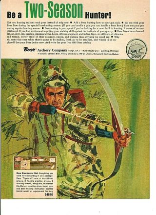 Vintage 1965 Bear Archery Tigercat Bow Bowhunting Color Print Ad