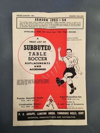 Vintage Subbuteo Table Soccer Replacements And Accessories List.  August 1953.