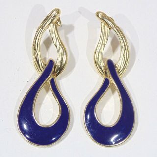 Vintage 1990s Signed Trifari Tm Gold Tone Dark Blue Enamel Drop Pierced Earrings