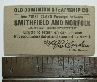 Antique 1890s? Old Dominion Steamship Co.  Smithfield Virginia Norfolk Va Ticket