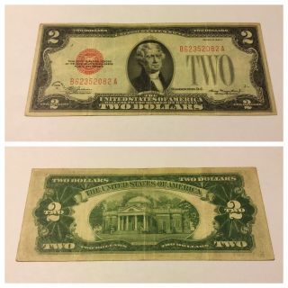 Vintage Two Dollars $2 1928 - C United States Note Dollar Bill Jefferson Red Vnc
