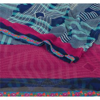 Sanskriti Vintage Blue Saree Blend Georgette Printed Sari Craft Decor Fabric 2