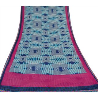 Sanskriti Vintage Blue Saree Blend Georgette Printed Sari Craft Decor Fabric 3