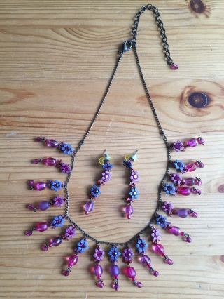 Vintage Handmade Necklace And Earrings Pink 16 - 20 Inches Flowers