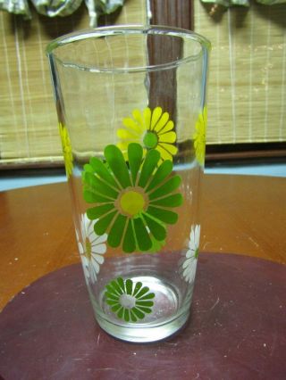 Vintage Midcentury Sour Cream Jar Green Yellow Daisey Drinking Glass A24 6.  0” H
