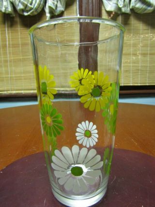 Vintage Midcentury Sour Cream Jar Green Yellow Daisey Drinking Glass A24 6.  0” H 2
