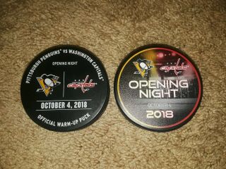 2018 Pittsburgh Penguins Opening Night Warm Up Puck & Souvenir Puck Capitals