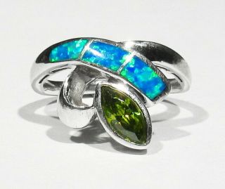 Vintage 925 Silver Natural Inlay Opal & Green Tourmaline Gemstone Ring Size 7