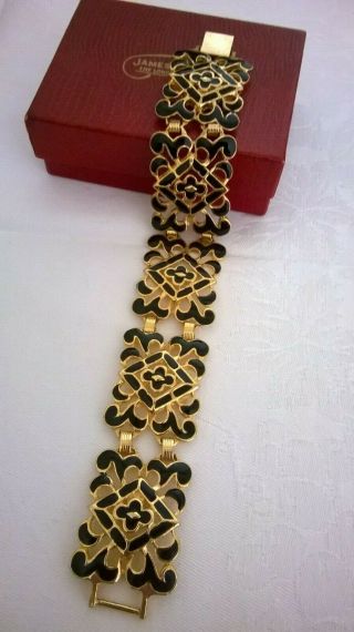 Vintage Jewellery Black Enamel Gold Tone Wide Panel Link Quality Bracelet