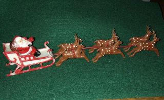 Vintage Plastic Santa In Sleigh With 6 Reindeer Hong Kong