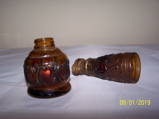 Miniature Vintage Amber Glass Oil Lamps Painted Hearts on Base 2