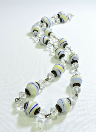 Vintage White Blue Yellow Swirled Lampwork Art Glass Bead Necklace No19332