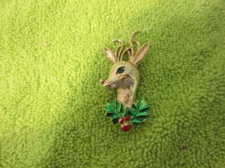 Vintage Reindeer Deer Head Christmas Pin Brooch Gold Tone Enamel Rhinestone