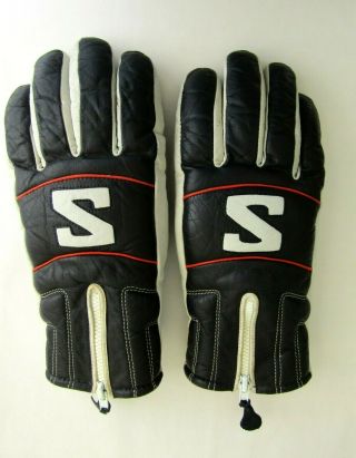 Vintage Womens Black & White Leather Ski Gloves " S " - Lined - Sz M - Vg Cond