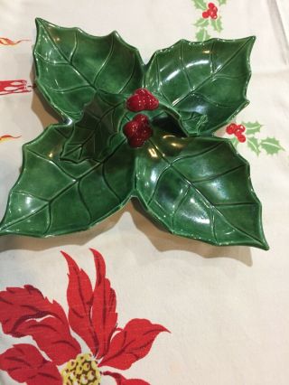 1966vintage Holland Mold Christmas Holly Berry Leaf Candy Nut Dish With Handle