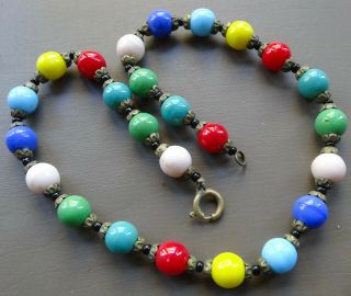 Vintage Art Deco Multi Colour Glass Bead Gold Tone Flower Necklace - A115