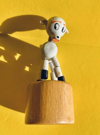 Vintage Wooden Toy - Push Puppet - Cartoon Face Lamb / Doe - Made In Italy