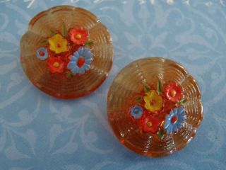 2 Vintage Amber Glass Flower Buttons Hand 18mm