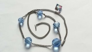Czech Vintage Art Deco Blue Faceted Glass Bead Necklace,  Rainbow Crystal Stone